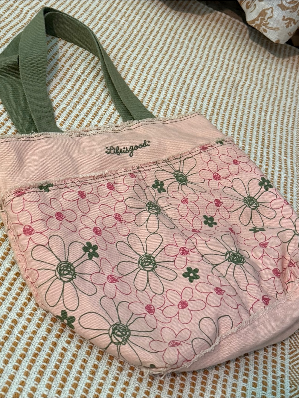 Life Is Good Pink Floral Canvas Tote with Green Handles 100% cotton - Picture 9 of 9